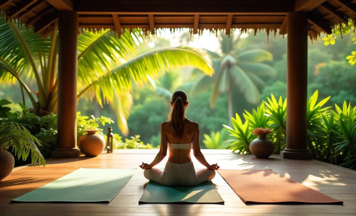 Peaceful wellness travel retreat with outdoor yoga space surrounded by tropical nature and morning light