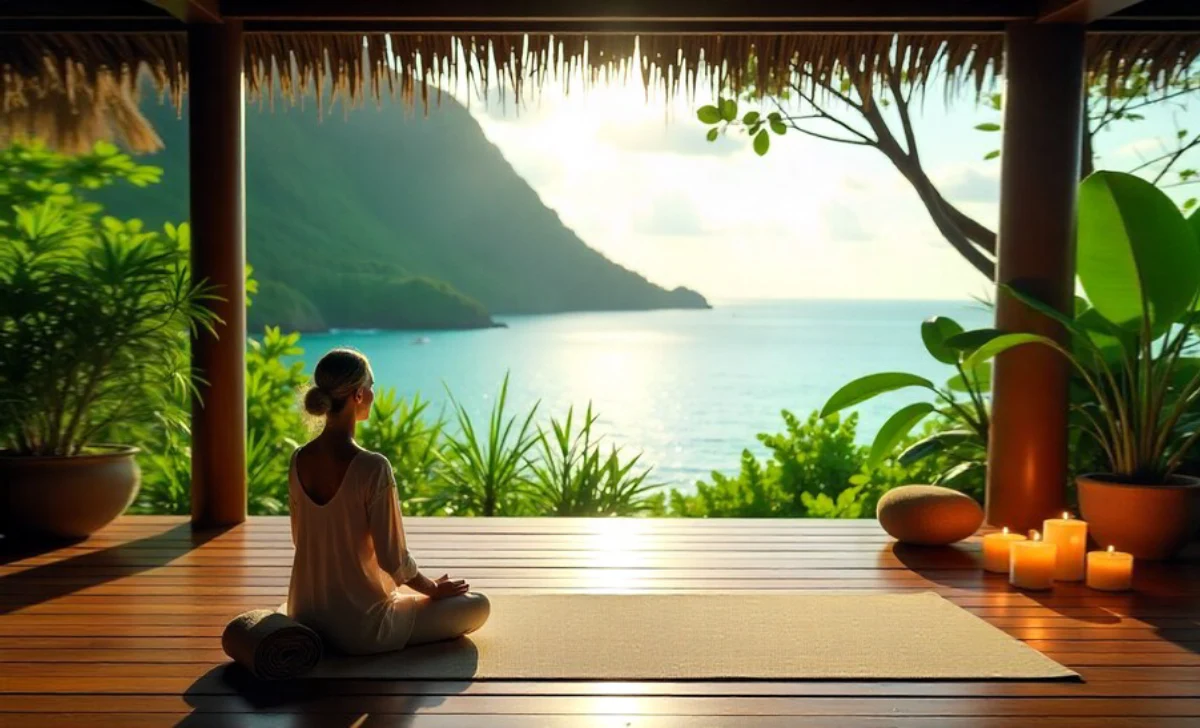 Woman meditating at destination wellness escape resort with mountain view and natural surroundings