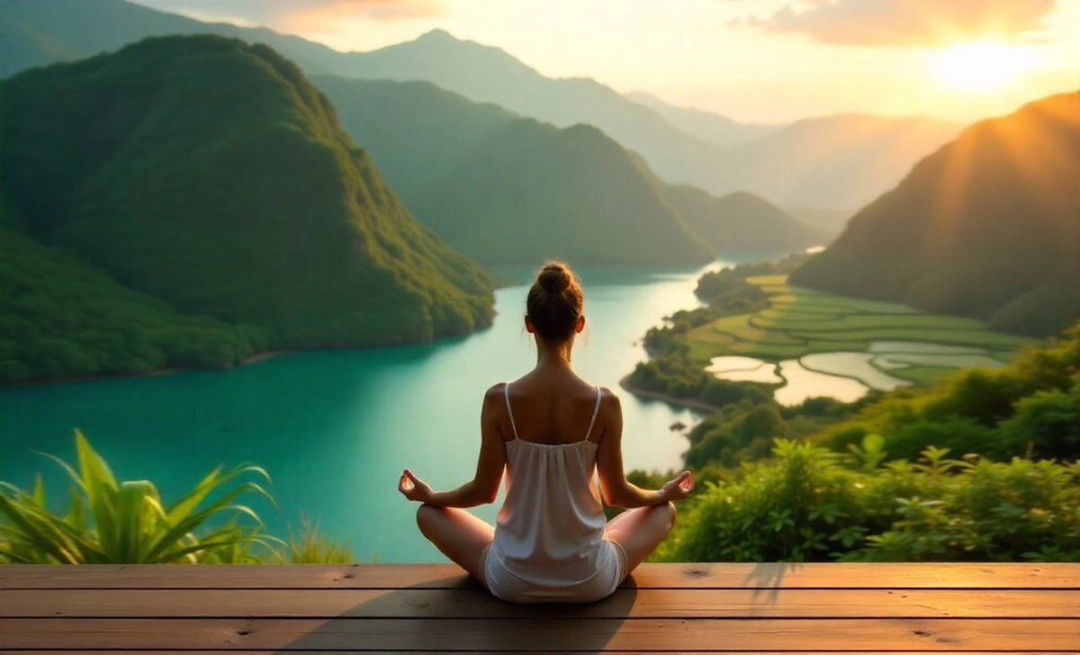 Person practicing yoga at destination wellness escapes with mountain and ocean views at sunrise for mental and physical healing