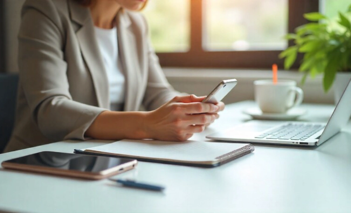 Person taking digital detox while working productively at organized desk with phone put away