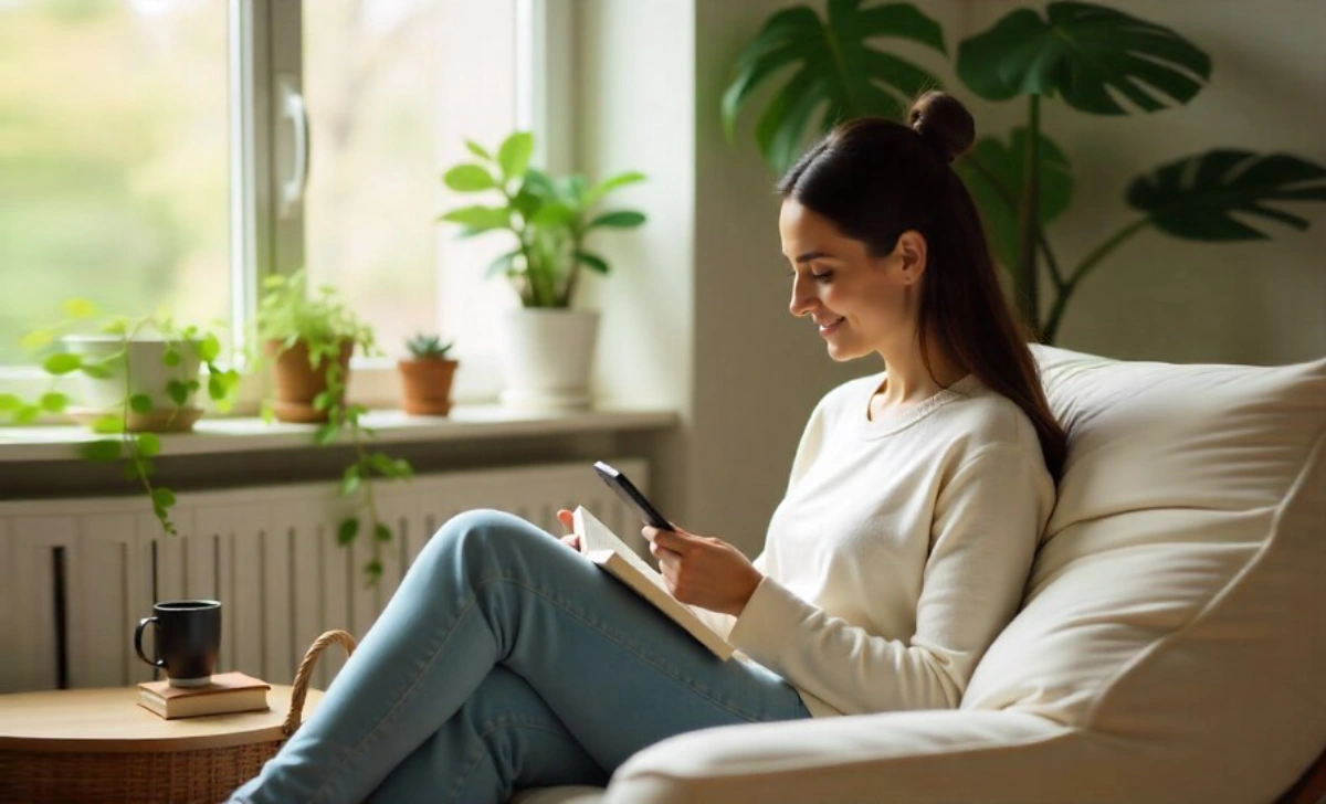 Person practicing digital wellness tips by keeping phone away while relaxing at home