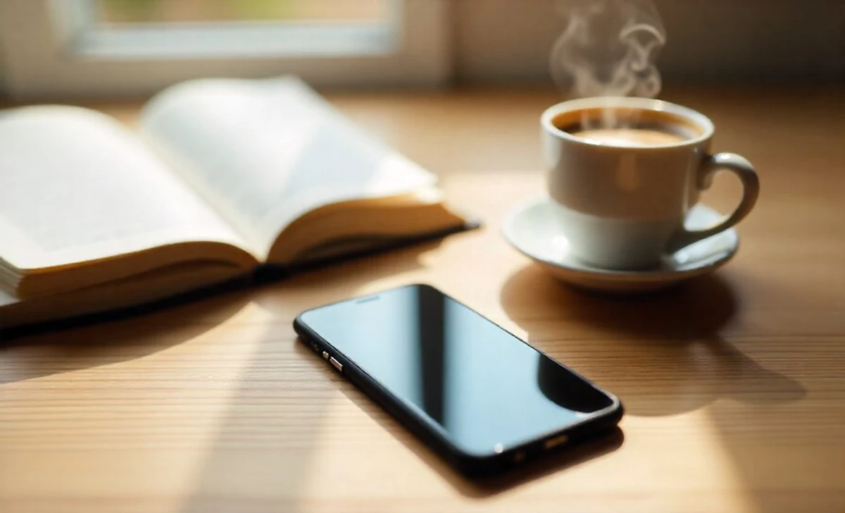 Person practicing digital wellness by setting phone aside to focus on reading and coffee