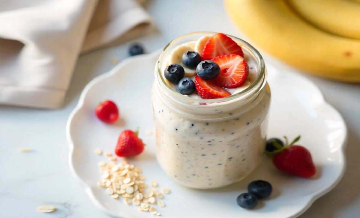 Healthy overnight oats recipe in glass jar topped with fresh berries and banana slices on marble countertop
