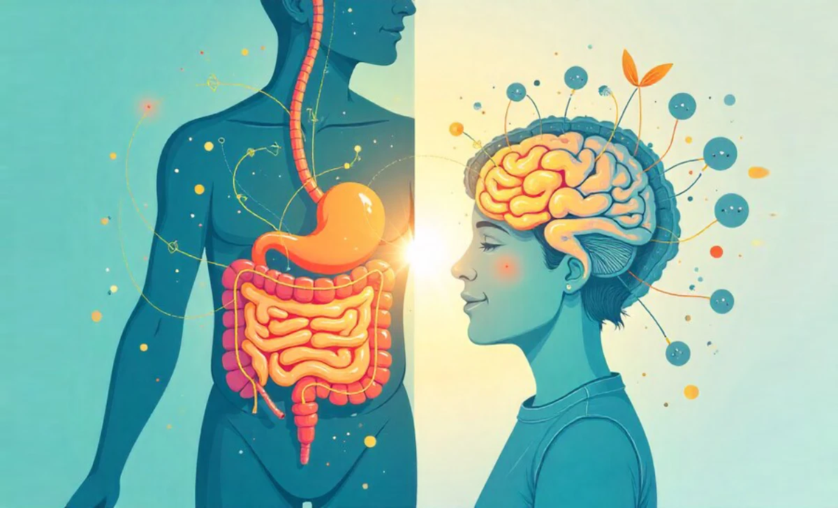 Gut health and brain connection illustration showing how digestive system affects mood and energy levels