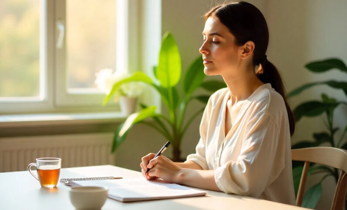 Woman practicing mindful spending by reviewing her budget with a calm and peaceful mindset at home