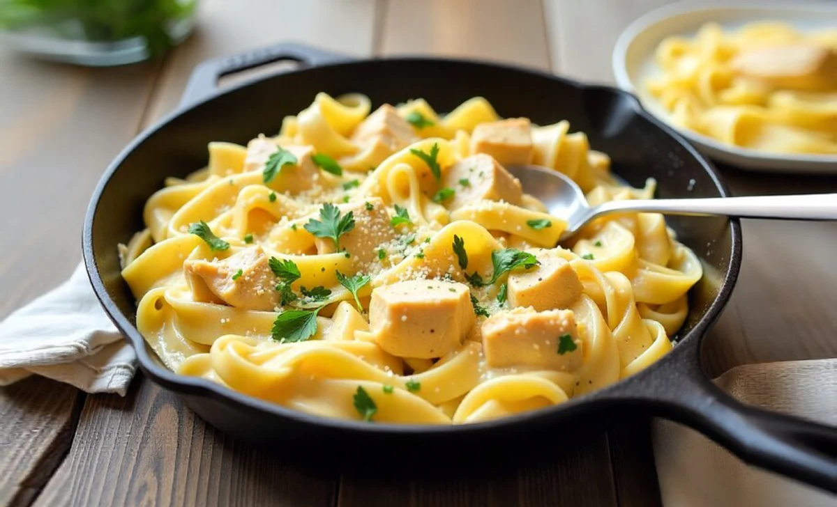 One-Pan Chicken Alfredo Recipe with creamy sauce and seasoned chicken in cast iron skillet