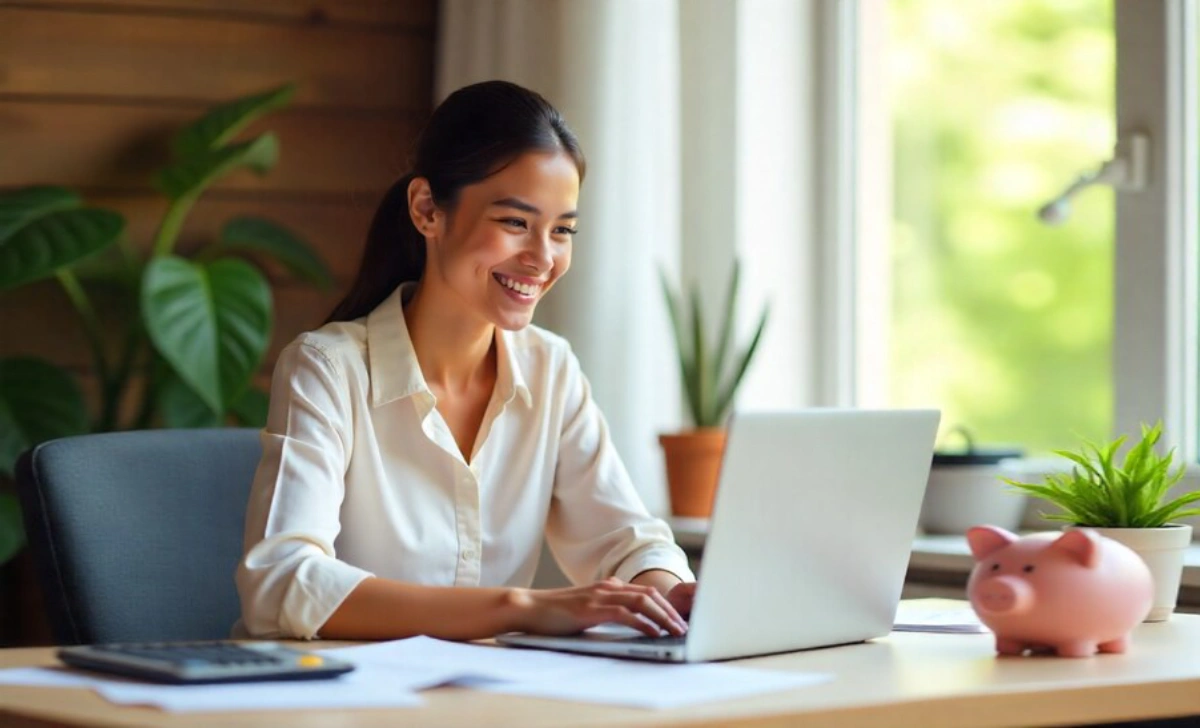 Person practicing revenge saving by tracking spending habits and building emergency fund on laptop