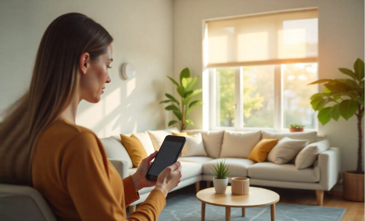 Smart home upgrades including thermostat and LED bulbs shown in modern living room with person controlling devices via smartphone
