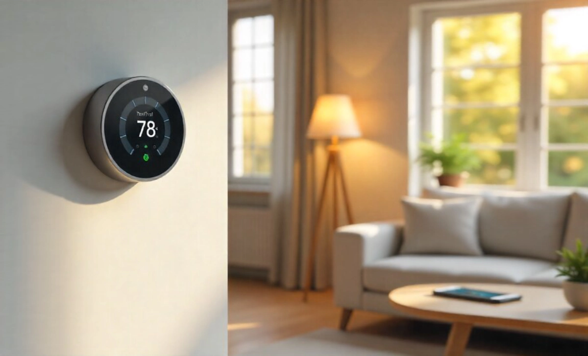 Smart home upgrades including thermostat and LED lights in modern living room for energy savings