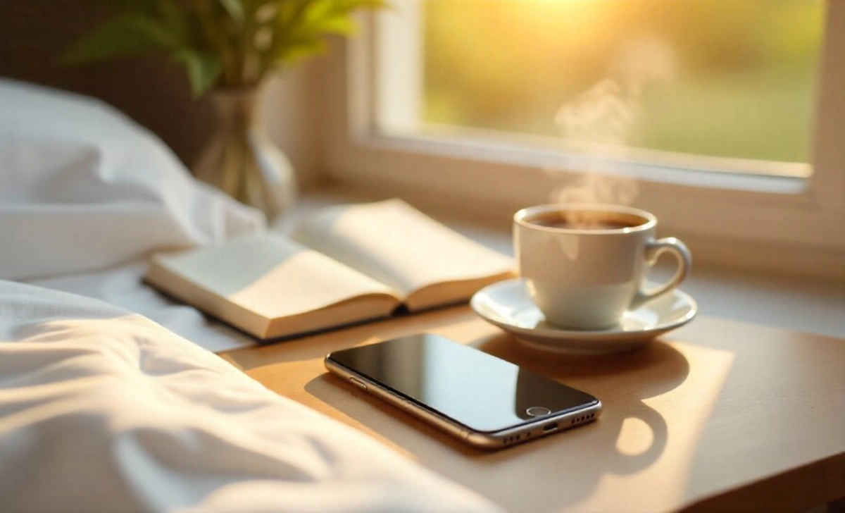 Person creating a tech-life balance routine by placing smartphone away during morning coffee time