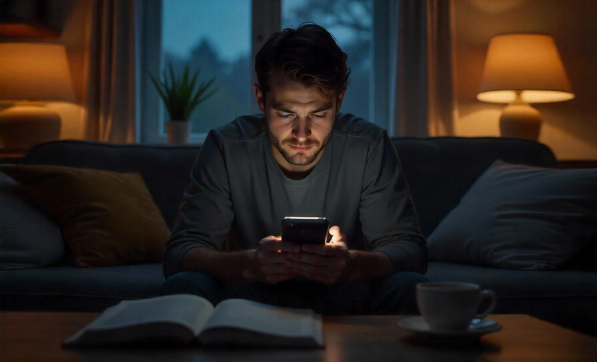 Person looking stressed while checking smartphone habits late at night affecting mental health and wellbeing