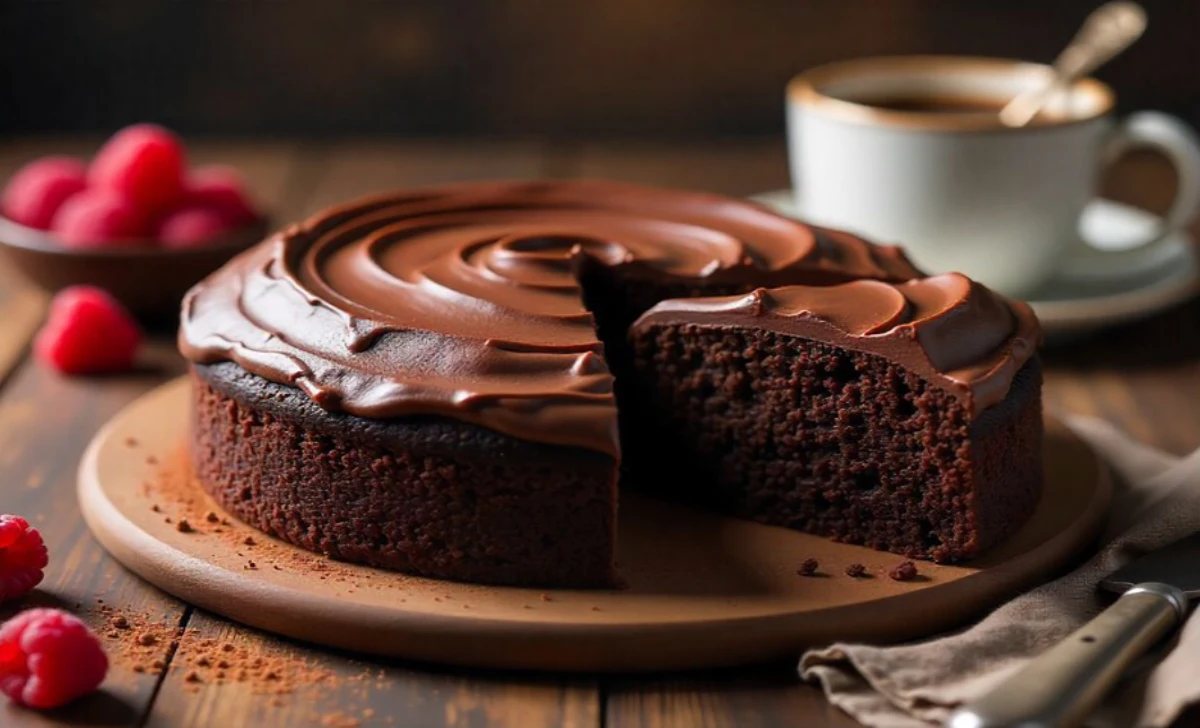 Slice of moist vegan chocolate cake recipe with chocolate frosting on wooden table with raspberries