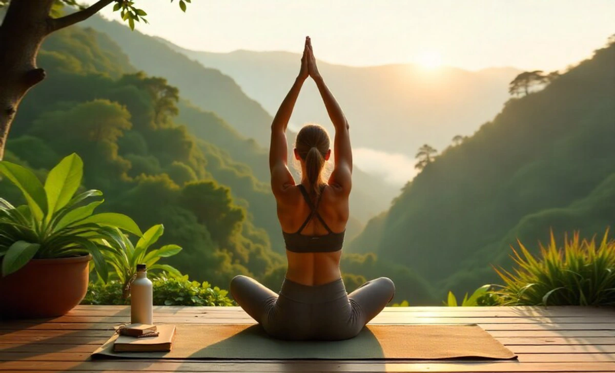 Woman practicing sunrise yoga during wellness travel experience overlooking tropical mountains