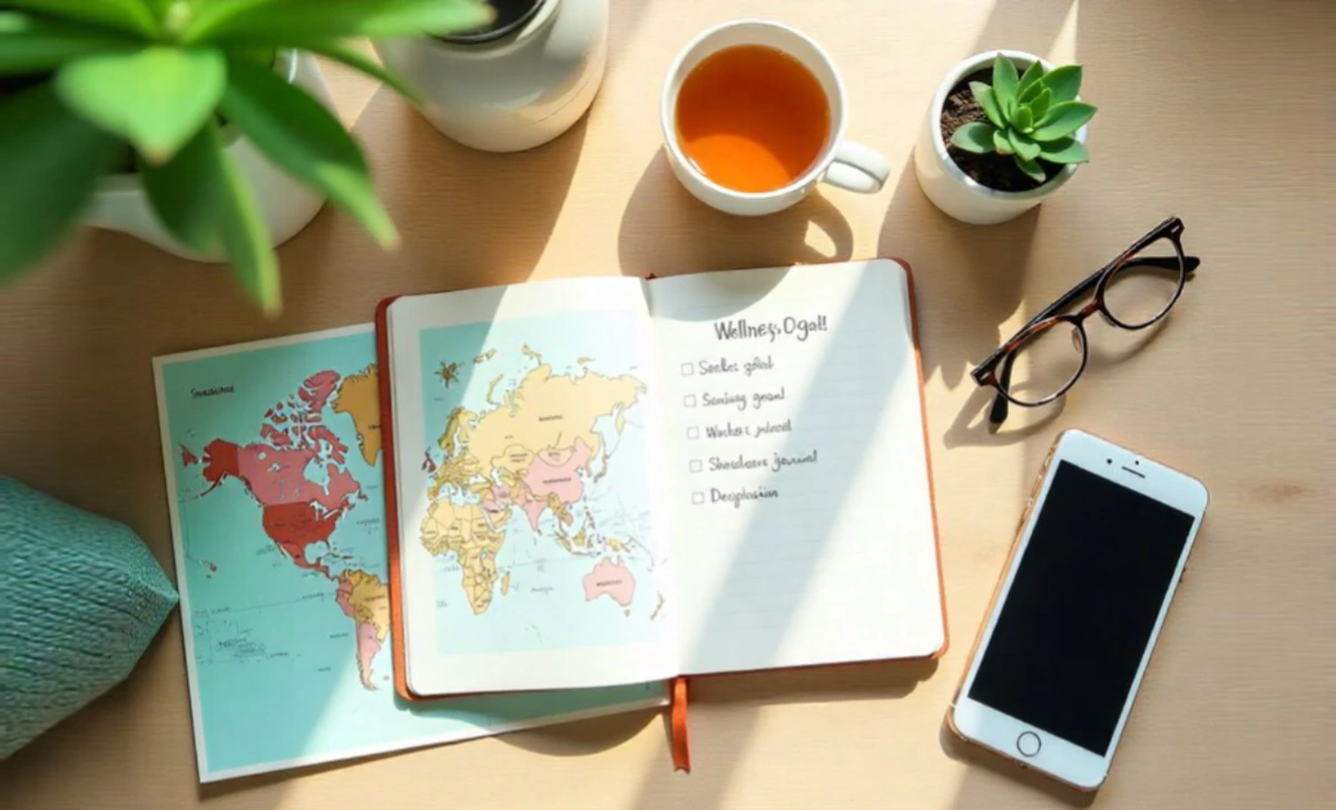 Wellness travel planning checklist with journal, world map, and tea on wooden table for organizing restorative vacation
