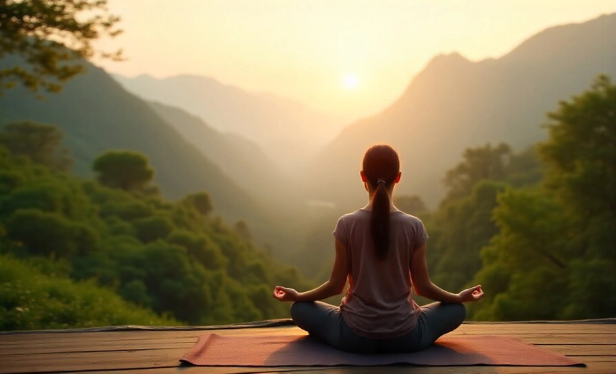 Woman meditating at wellness travel retreat with mountain views practicing mindfulness for mind and body reset
