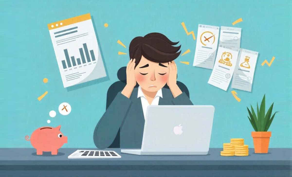 Person stressed about revenge saving plan with calculator and budget showing aggressive saving strategy backfiring