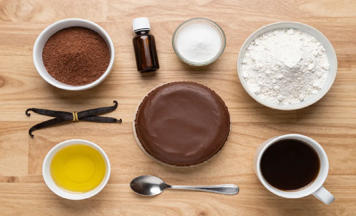 Overhead view of vegan chocolate cake ingredients including cocoa powder, flour, sugar, vanilla, vinegar, oil, and coffee on a wooden surface