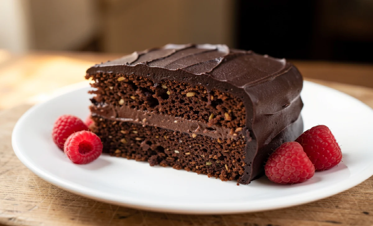 Sliced vegan chocolate cake with dark chocolate frosting and fresh raspberries on a white plate