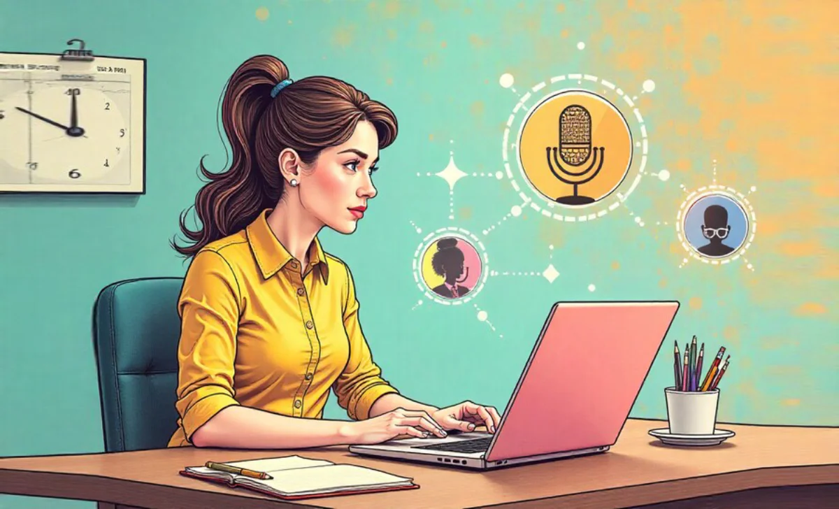 Small business owner working on AEO marketing strategy with voice search optimization and AI assistant tools on laptop