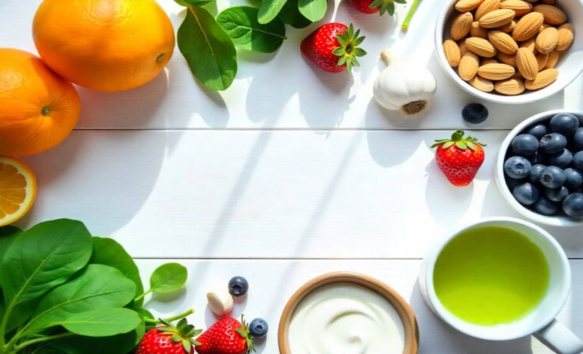 Colorful immunity boosting foods including citrus fruits berries yogurt and green tea arranged on wooden table