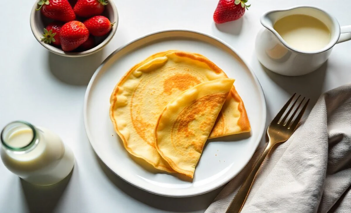 Classic French crepe recipe with golden crepe on white plate served with fresh strawberries and milk for breakfast