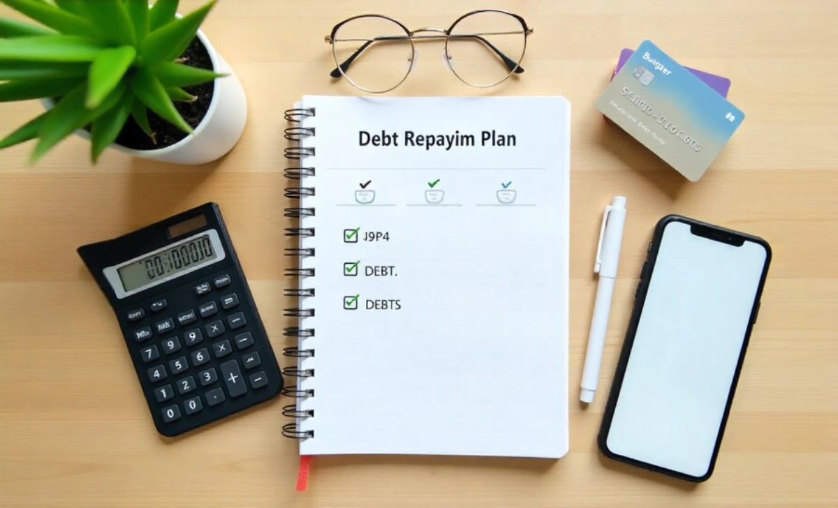Person creating debt repayment strategy with calculator and budget spreadsheet showing credit card balances and payment plan