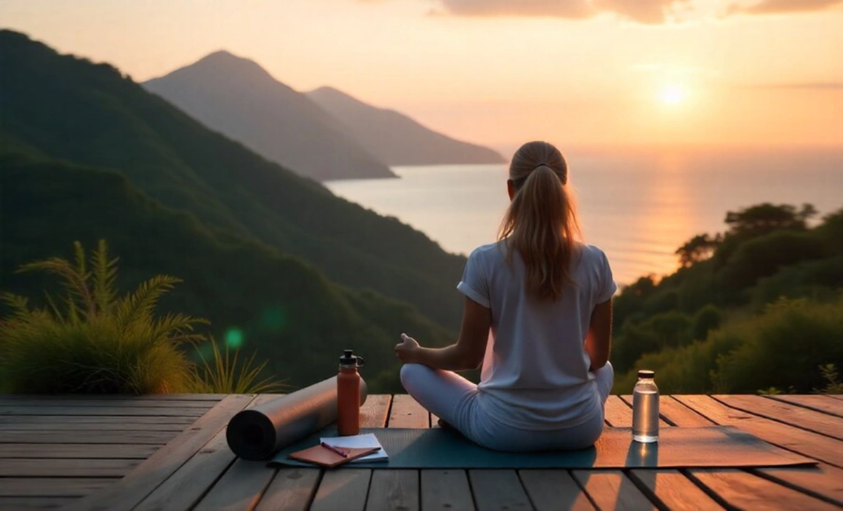 Digital detox wellness retreat with person meditating overlooking peaceful natural landscape at sunset for mental health reset