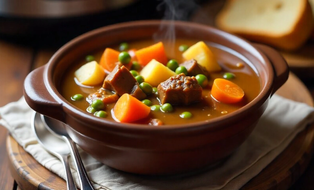 Instant Pot beef stew recipe with tender beef chunks, carrots, potatoes, and peas in a rustic bowl with pressure cooker in background