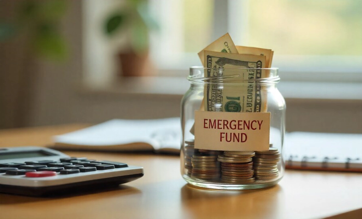 Emergency fund planning with savings jar and calculator on desk for financial protection