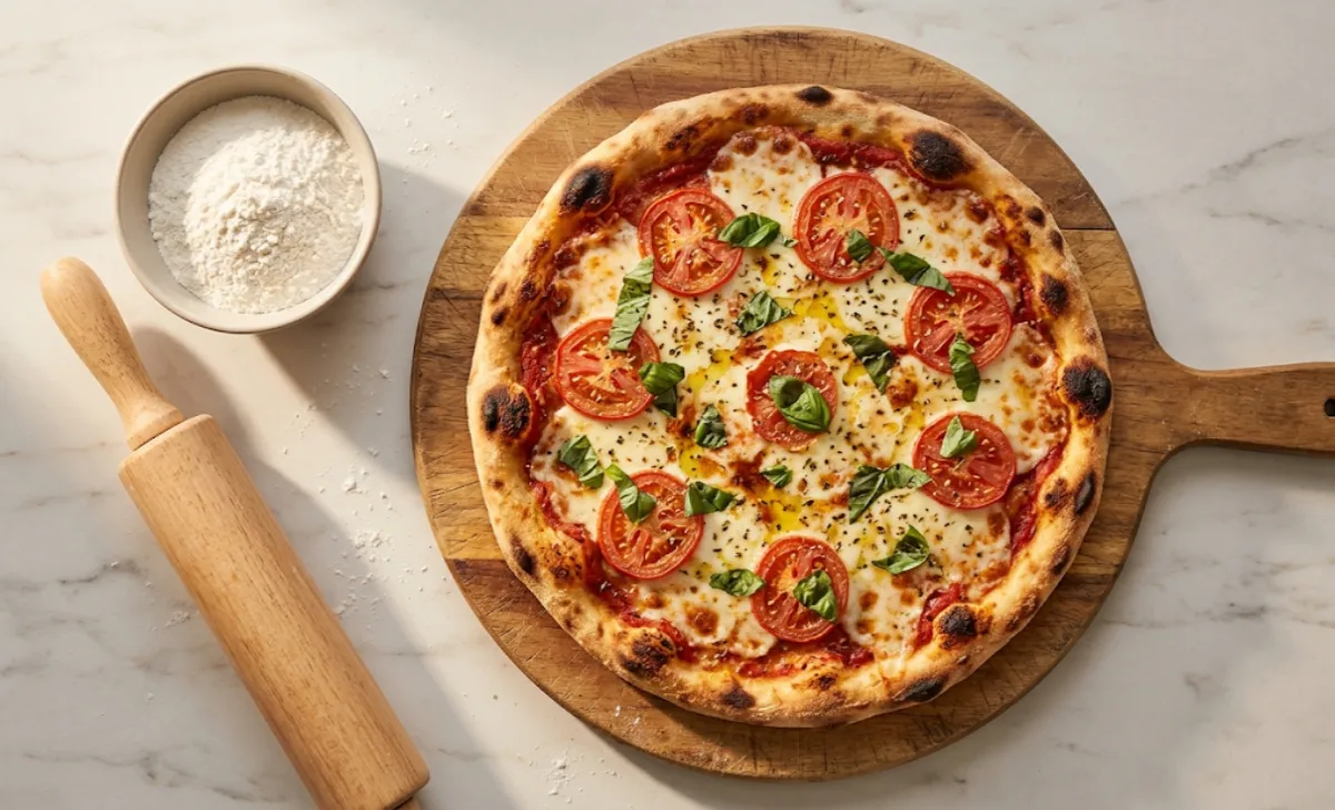 Freshly baked gluten-free pizza dough recipe on wooden board with golden crispy crust and melted cheese