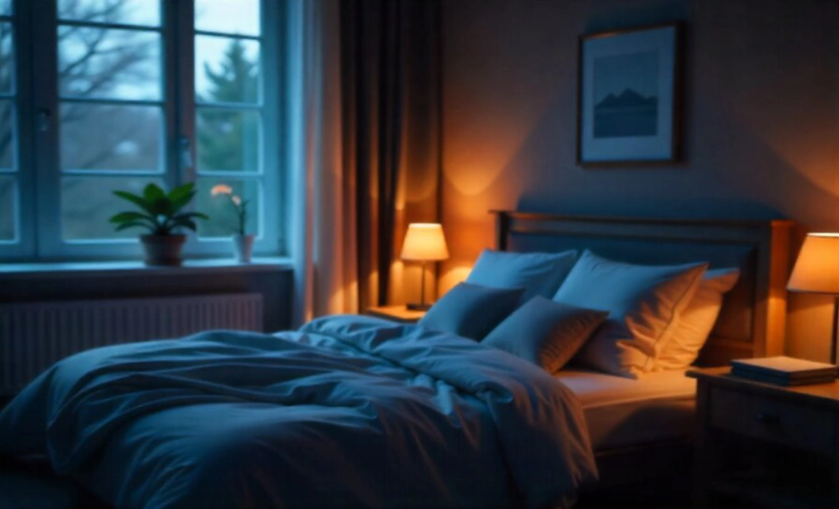 Peaceful bedroom setup showing how to improve sleep quality with dim lighting, comfortable bedding, and calm environment