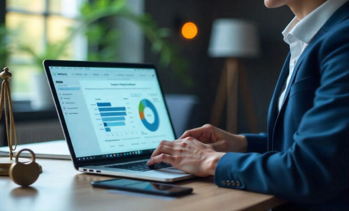 Lawyer using legal tech software on laptop while reviewing ethical compliance rules and client confidentiality guidelines