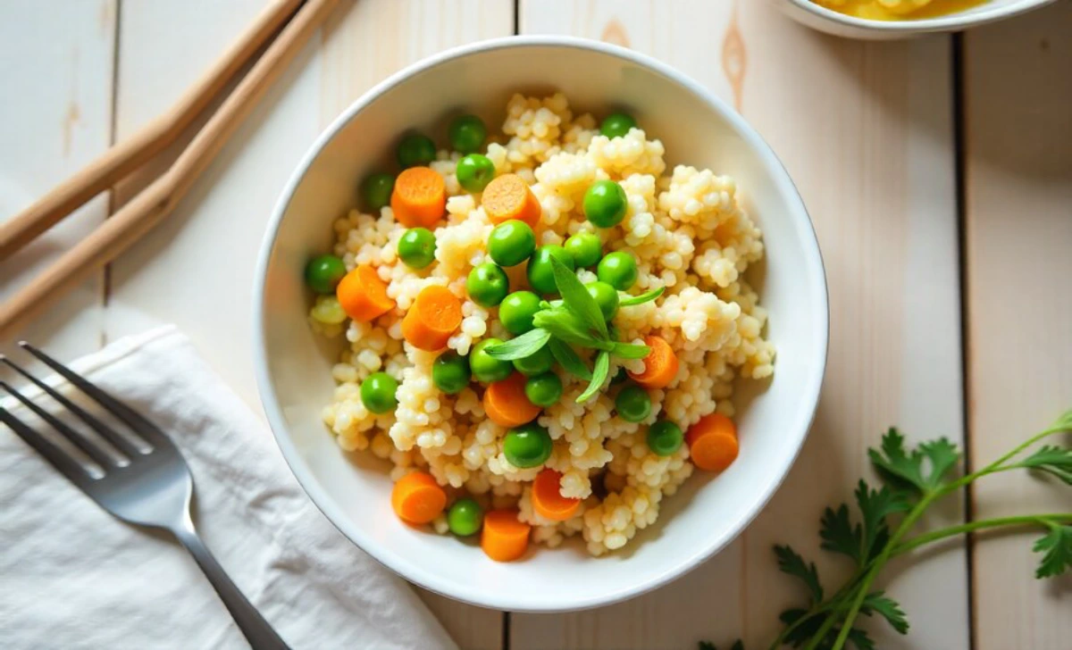 bowl of low-carb cauliflower fried rice with scrambled eggs peas carrots and green onions on white background