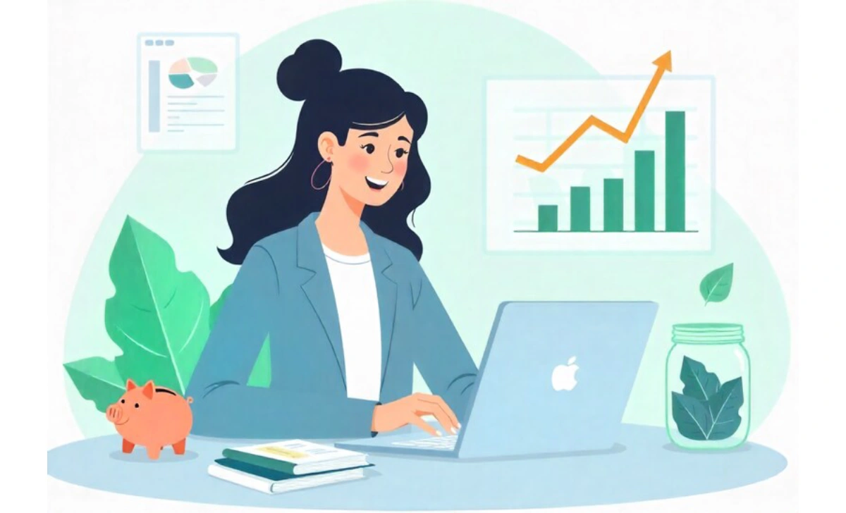 Young person learning personal finance basics on laptop with savings and budget planning documents