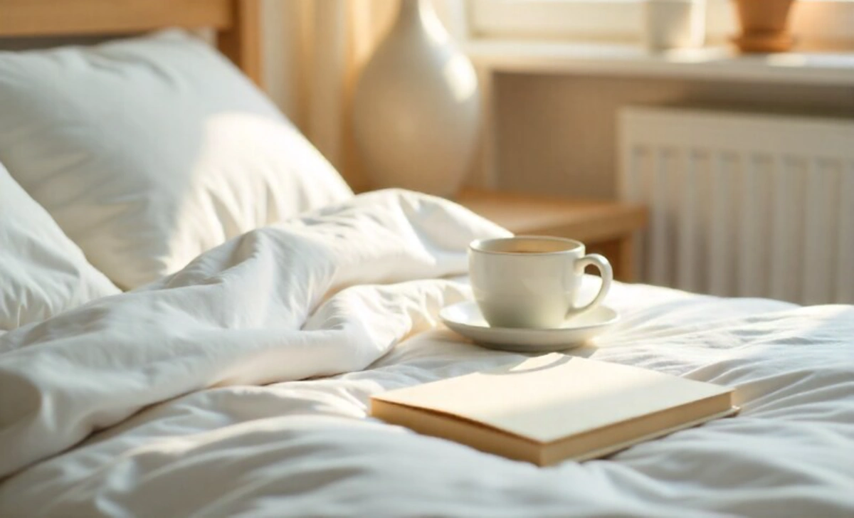 Person following a healthy morning routine to support mental wellness with organized space and natural light