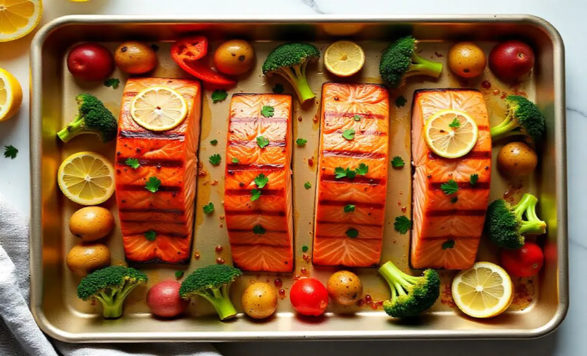 Sheet pan salmon recipe with roasted vegetables including potatoes, broccoli, and bell peppers fresh from the oven