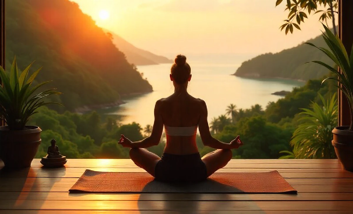 Woman practicing yoga meditation at wellness travel retreat overlooking tropical landscape at sunset
