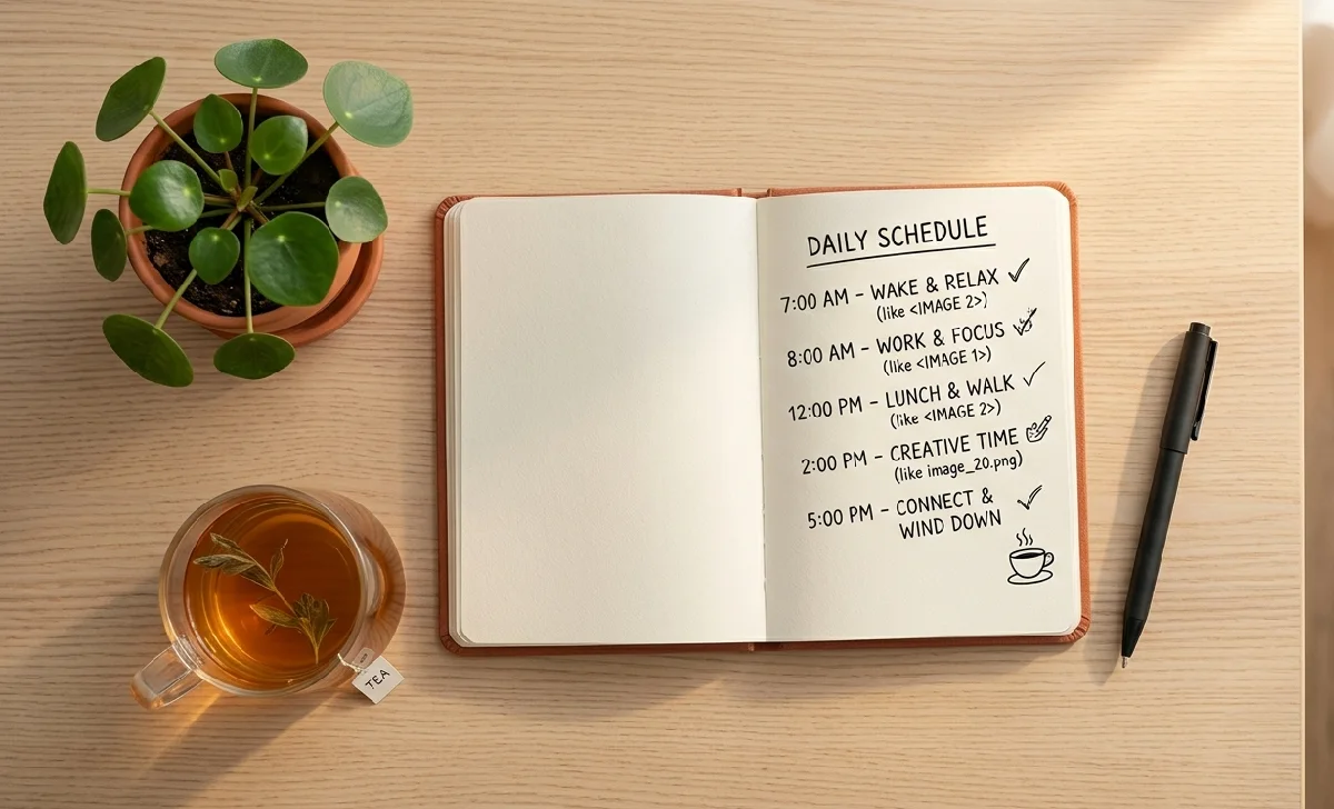 Handwritten daily schedule in a notebook with a pen and tea — building small habits for mental wellness