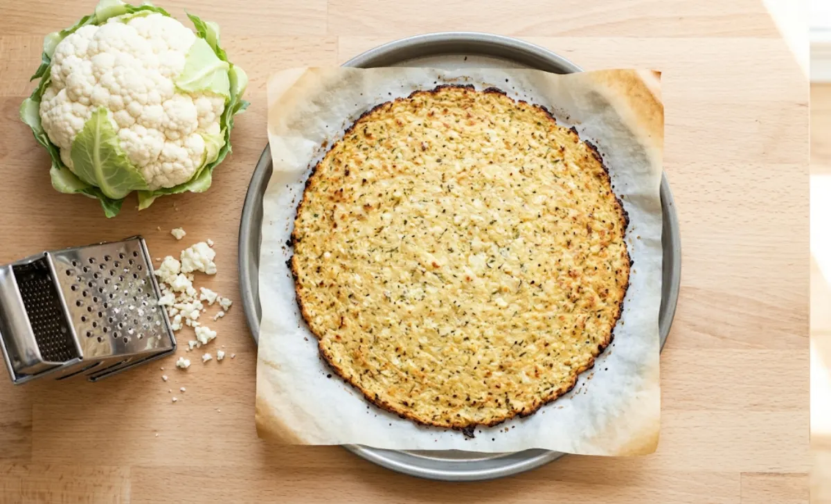 Homemade cauliflower pizza crust on a baking tray as a low-carb gluten-free pizza dough alternative