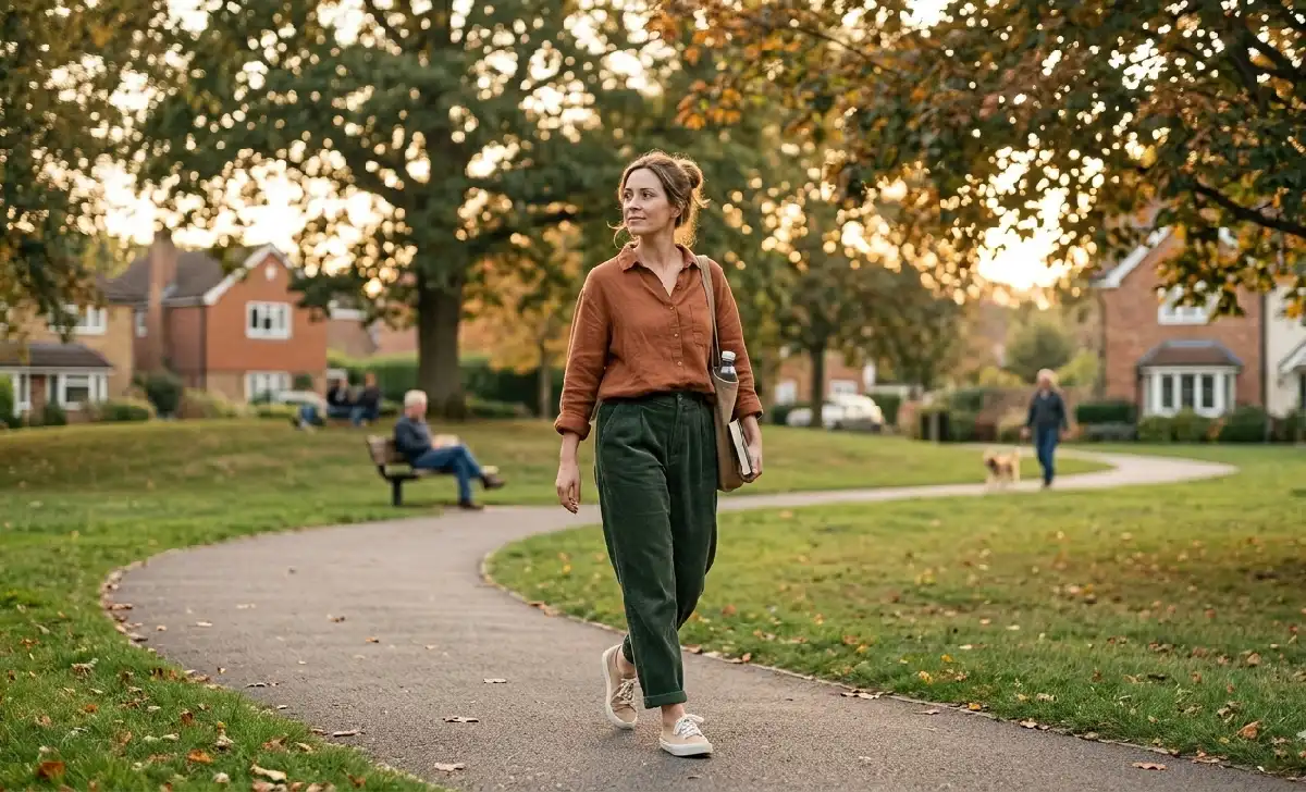 Person taking a short afternoon walk outdoors as part of a daily movement routine for mental health