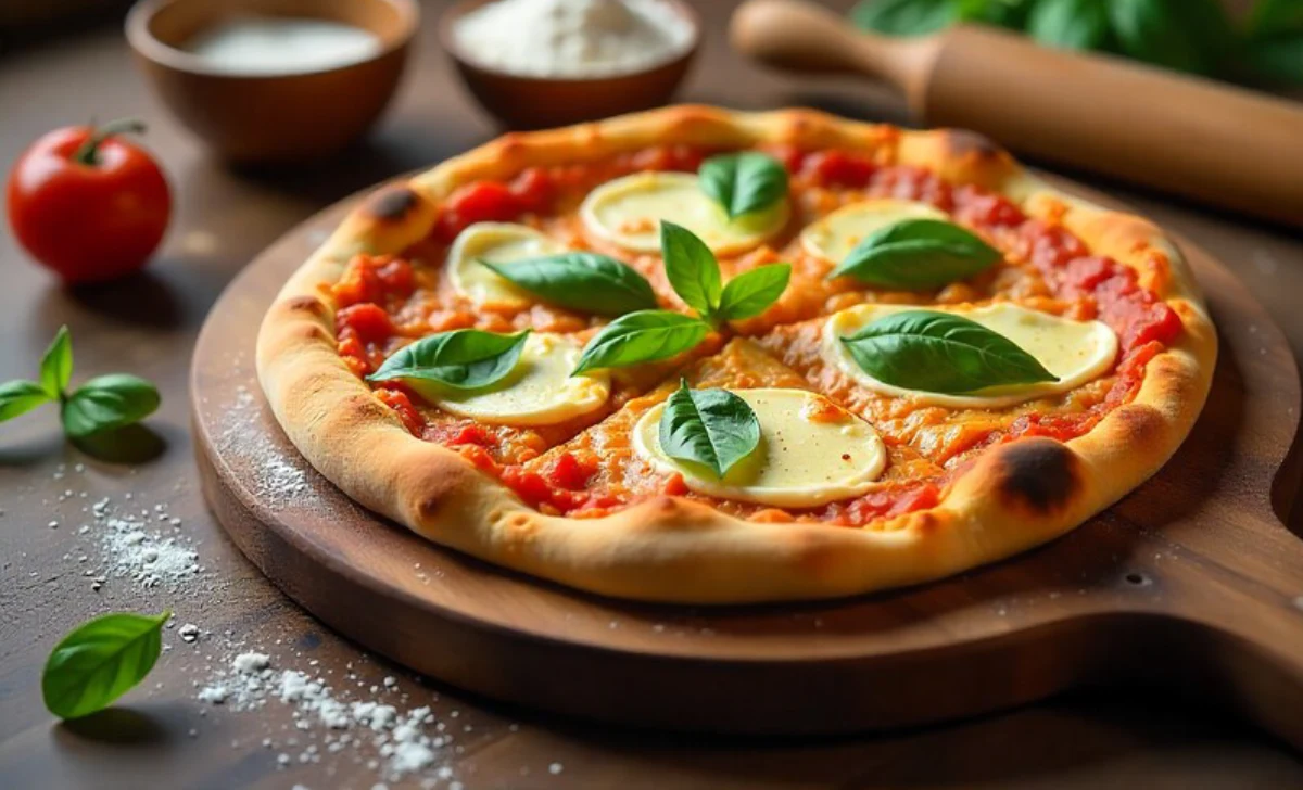 Homemade gluten-free pizza dough recipe with golden crispy crust topped with melted cheese and fresh basil on wooden board
