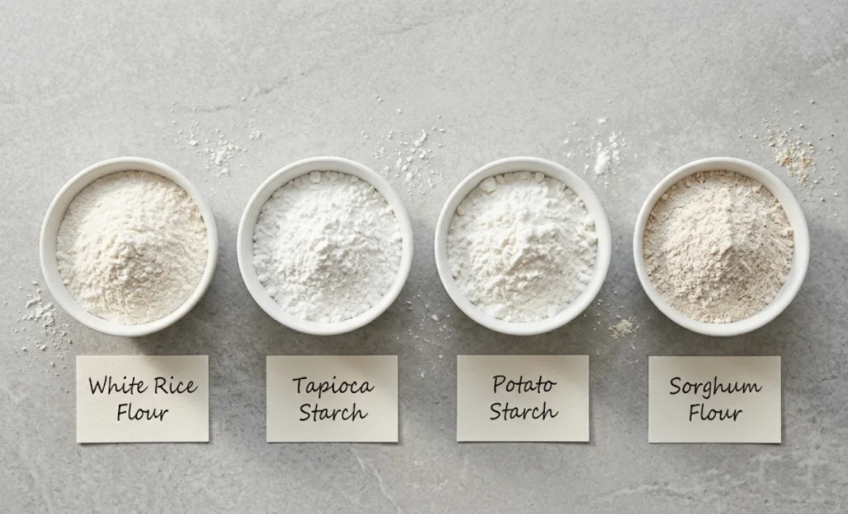 Four bowls of gluten-free flours including rice flour, tapioca starch, and potato starch for pizza dough
