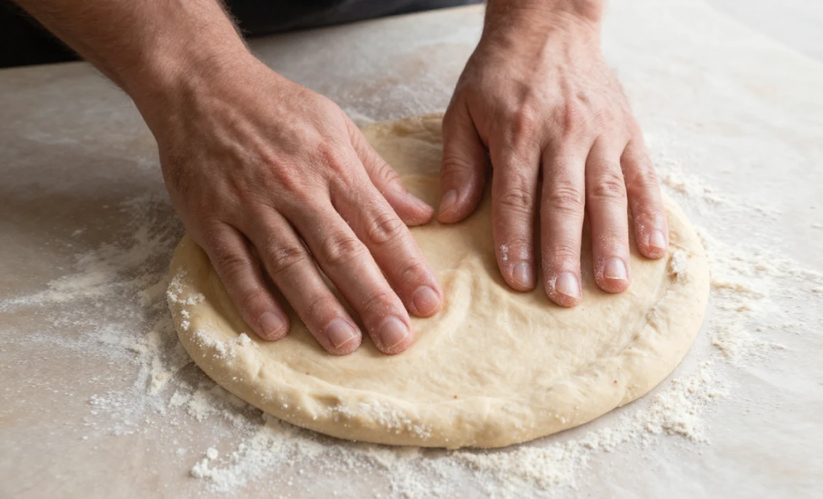 Hands shaping gluten-free pizza dough on parchment paper dusted with cornmeal