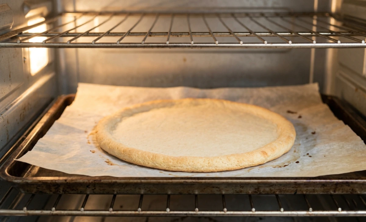 Par-baked gluten-free pizza crust on parchment paper inside a home oven with golden edges