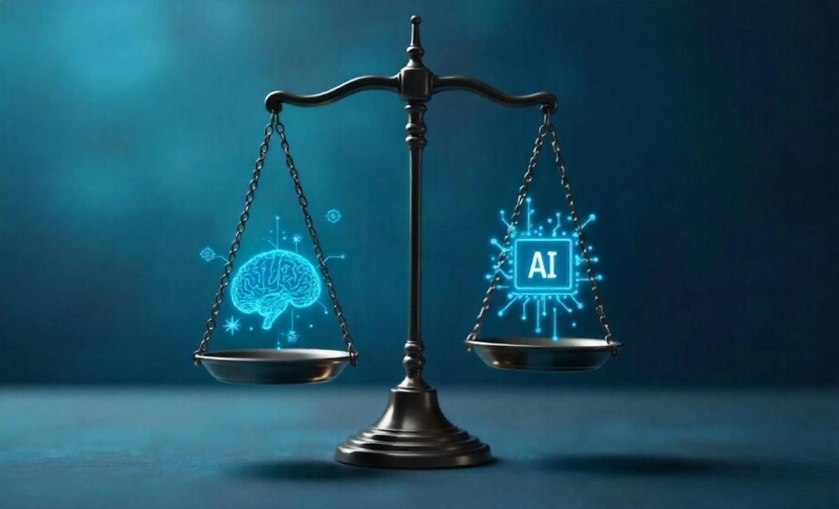 AI Legal Ethics concept showing balance between artificial intelligence technology and legal professional duties with scales and digital elements