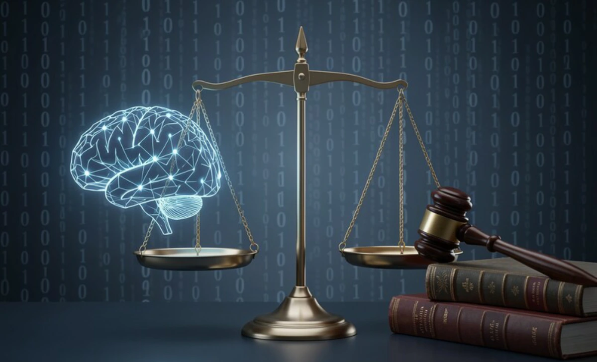 AI Legal Tech balance scale showing lawyer's duty of technological competence with digital brain and legal gavel