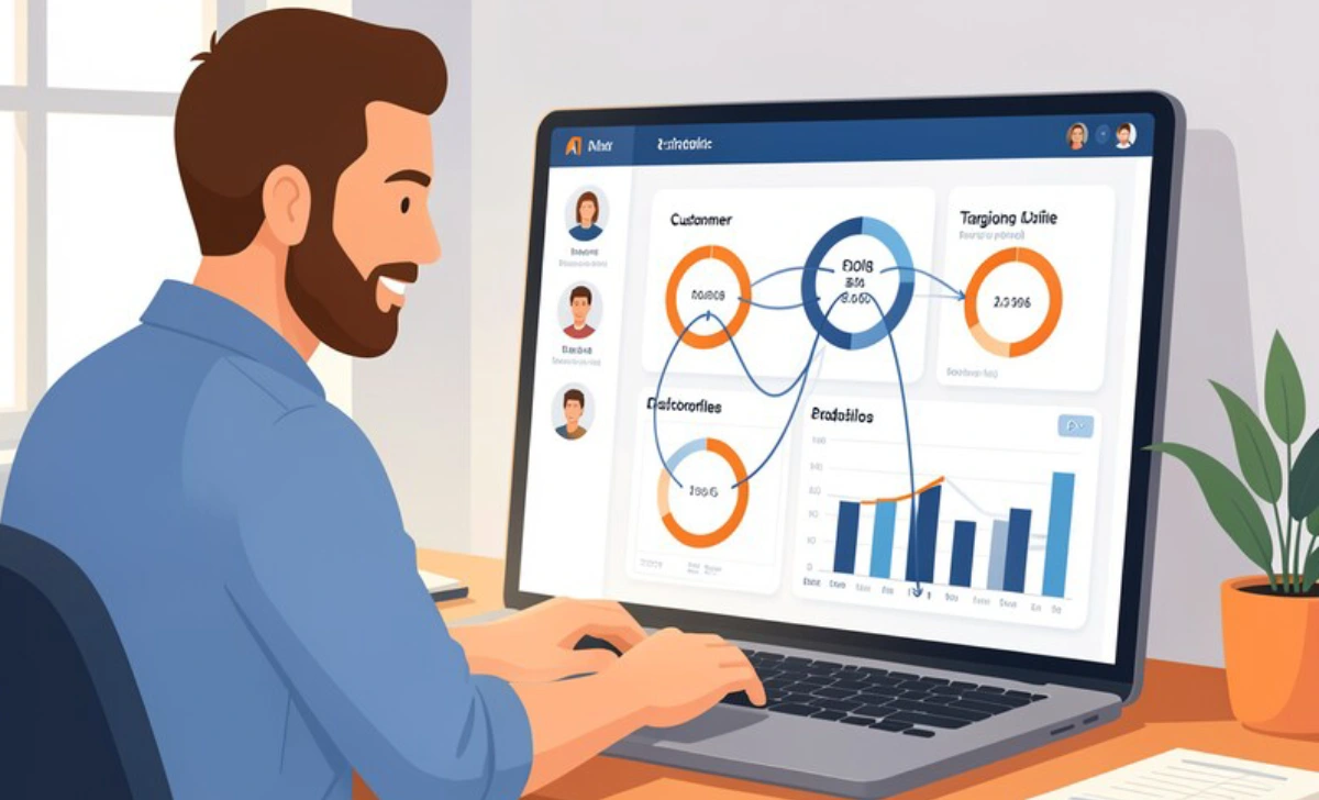 Small business owner using AI marketing tools to improve customer targeting with data analysis on laptop screen