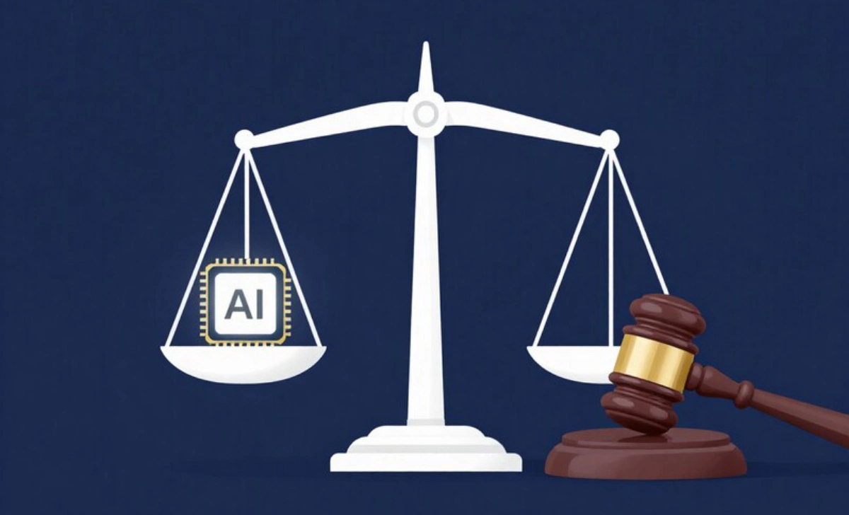 Lawyer using generative AI ethics guidelines with balanced scale showing technology and legal responsibility in professional practice