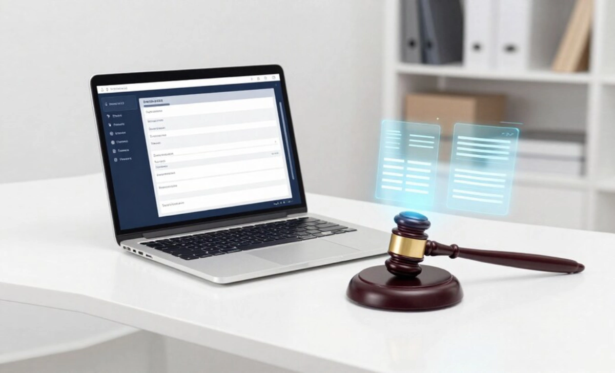 Law firm desk showing Legal Tech Adoption with laptop displaying case management software and digital document automation tools