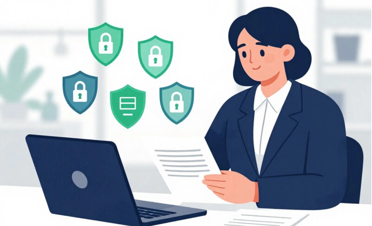 Lawyer reviewing Legal Tech Compliance checklist on laptop with security icons for vendor vetting and data protection